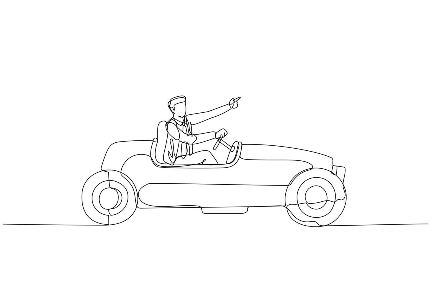 businessman driving red vintage roadster car concept of business success and leadership. One line art style vector