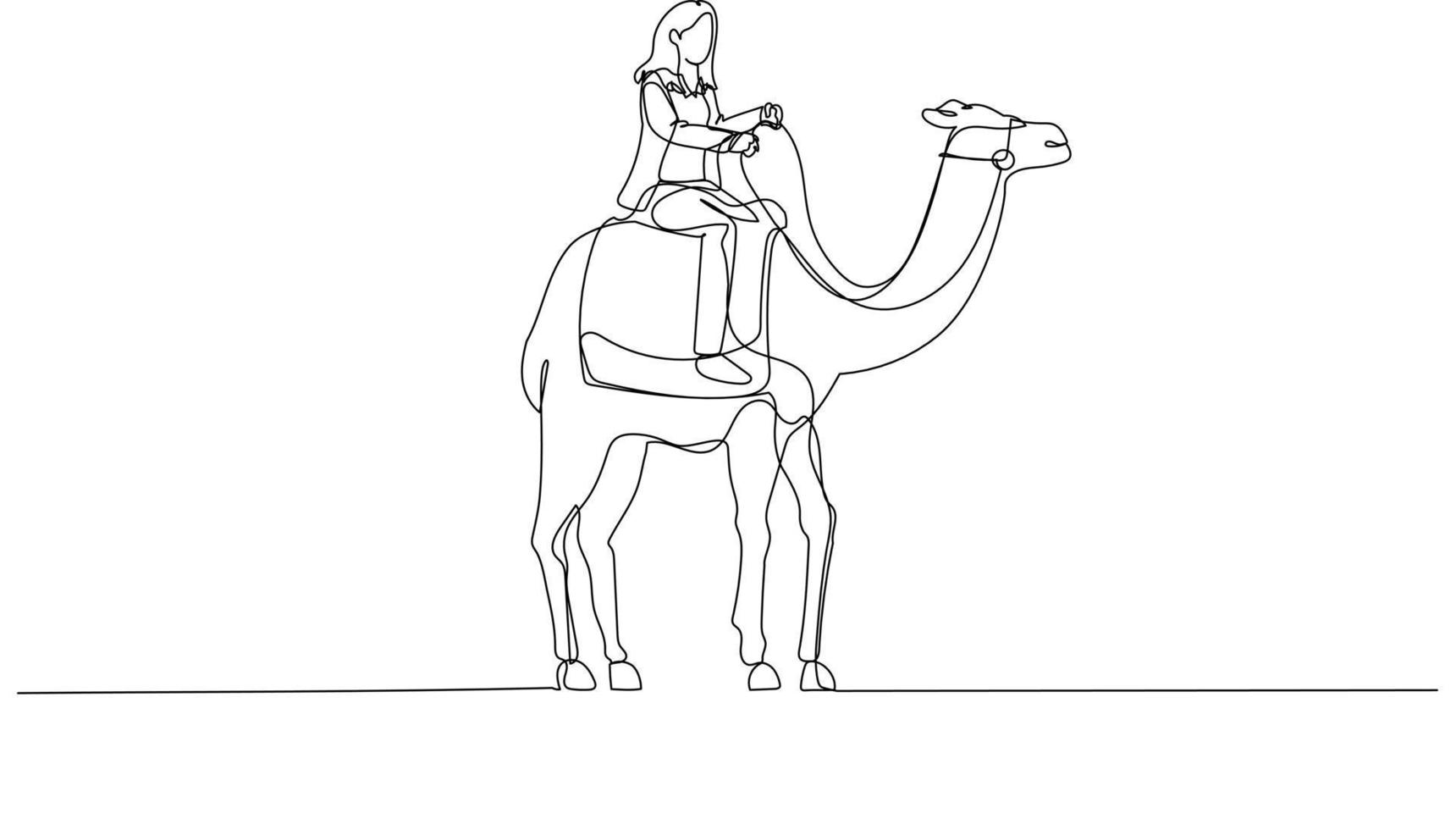 Cartoon of businesswoman riding on camel concept of diverse and strong business. Single line art style vector