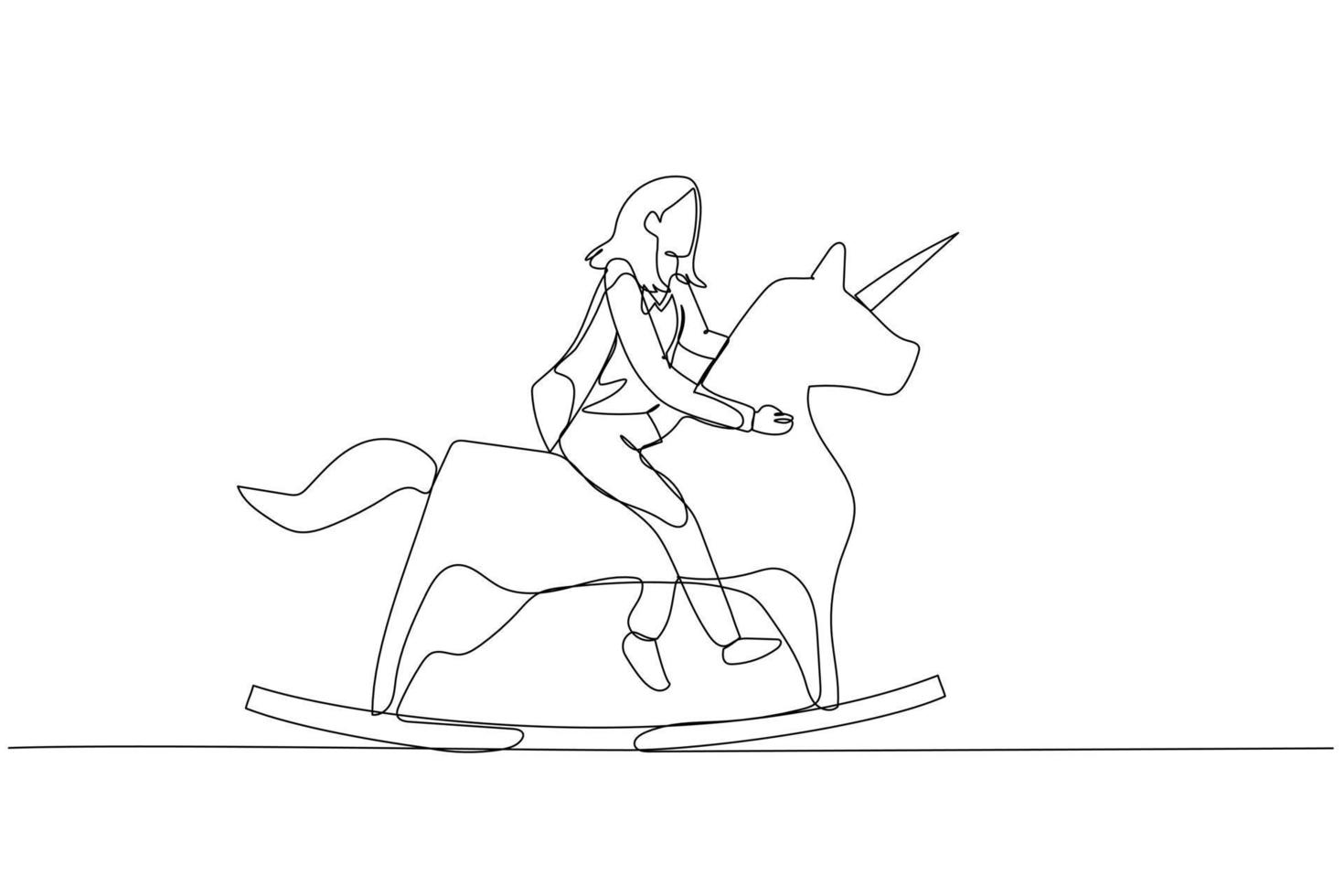 Illustration of businesswoman riding unicorn horse. Concept of startup up business and creative idea. Continuous line art style vector