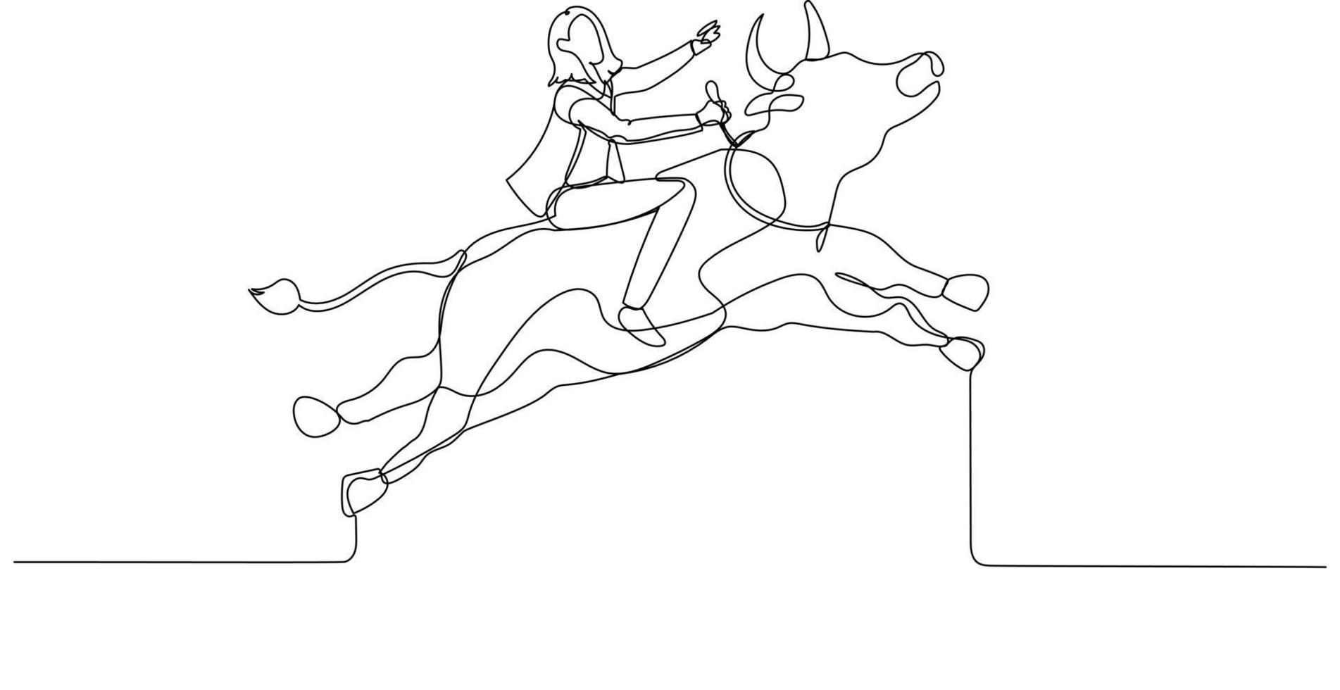 Drawing of businesswoman riding a bull going up showing rising and bull market. Single continuous line art style vector