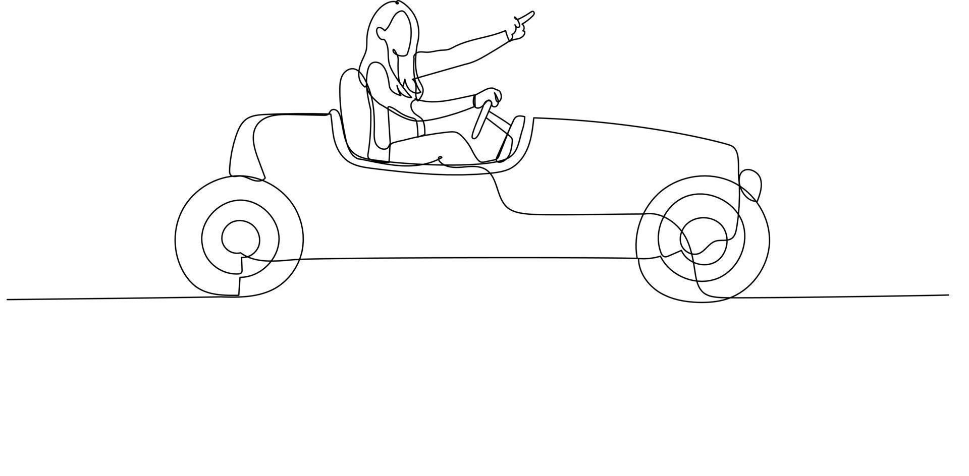 Drawing of businesswoman driving red vintage roadster car concept of business success and leadership. Single line art style vector