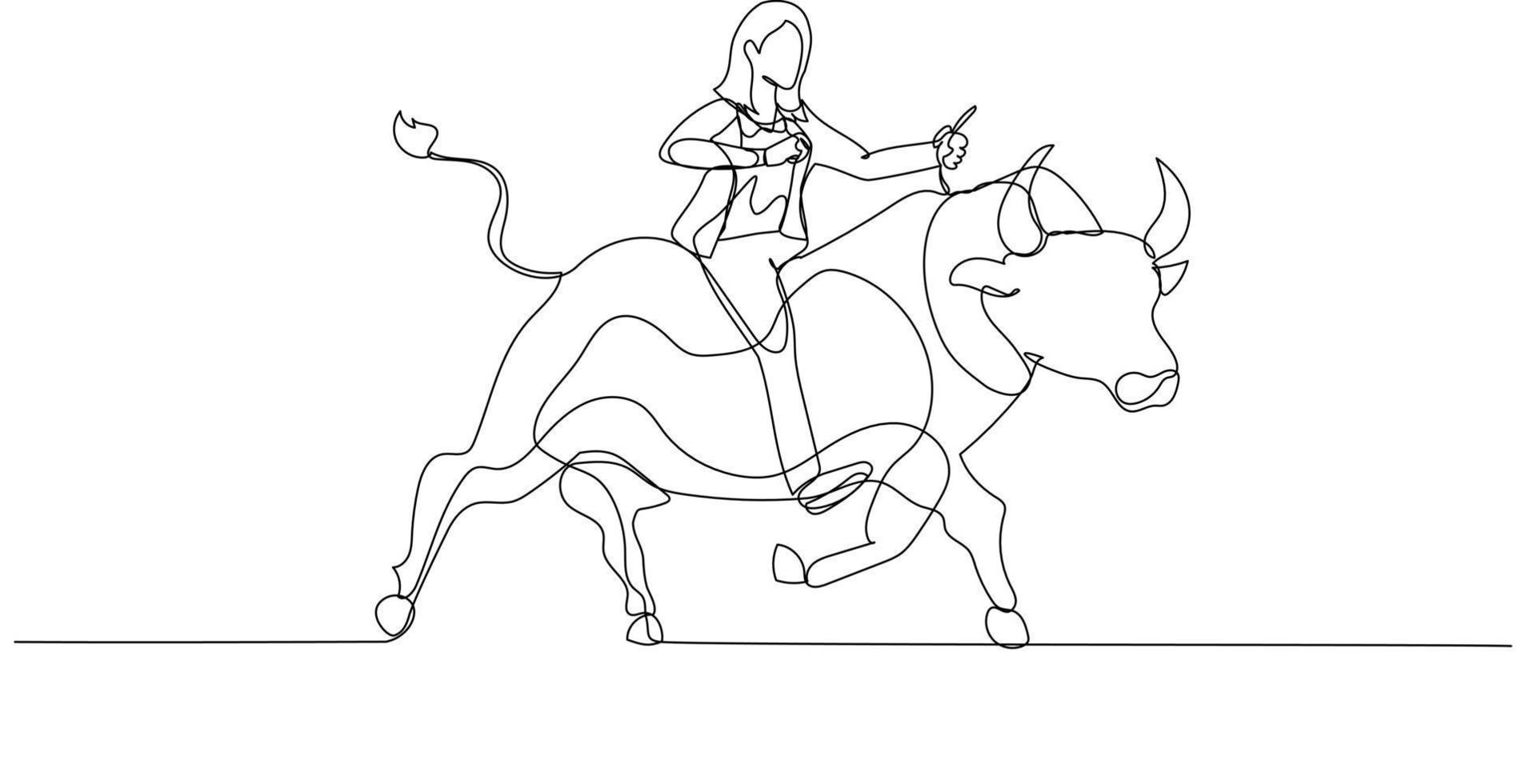 Illustration of businesswoman riding on the bull working in stock market trading. One line art style vector