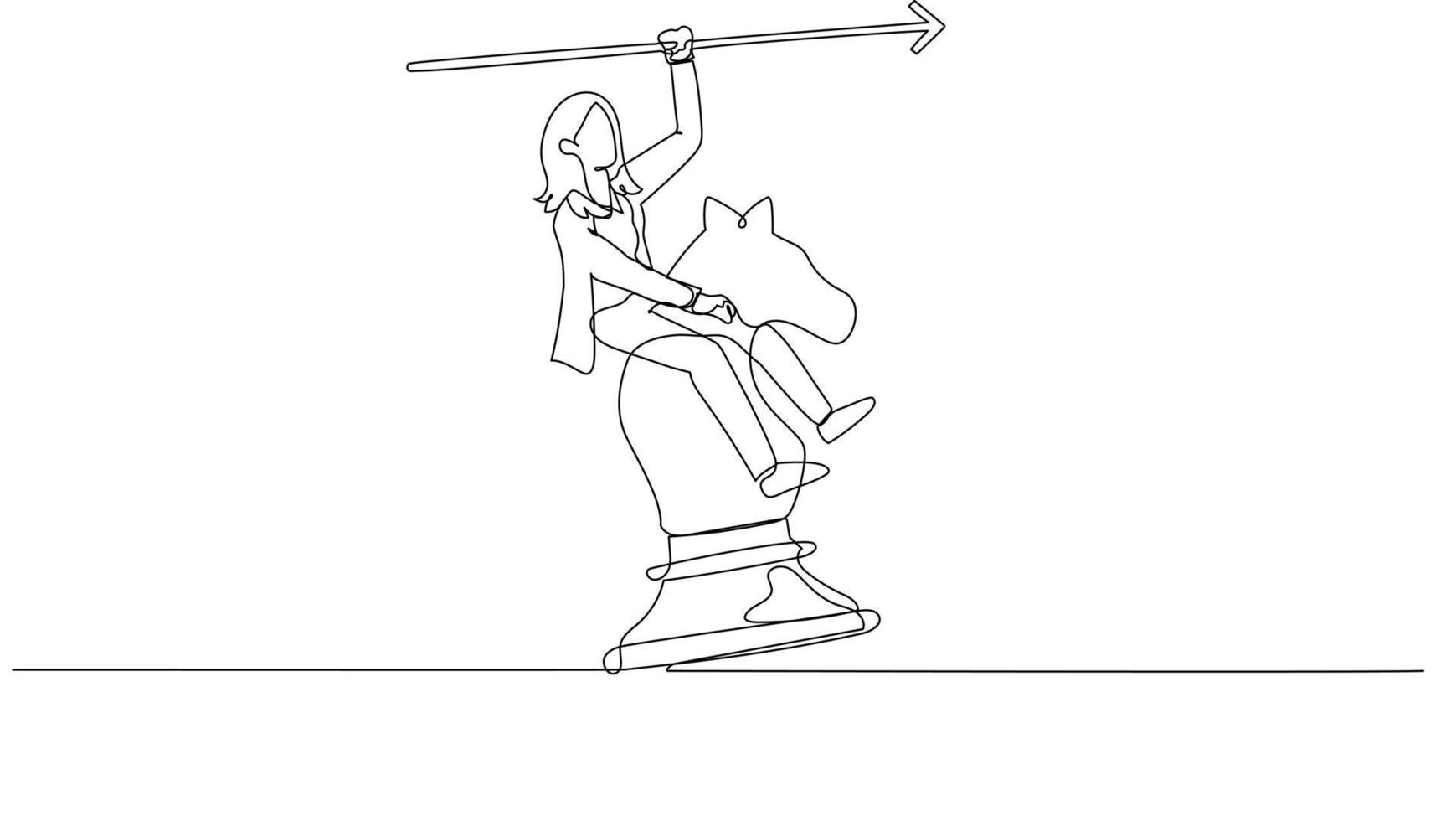 Cartoon of businesswoman riding chess horse metaphor for business fighting and strategy. One continuous line art style vector