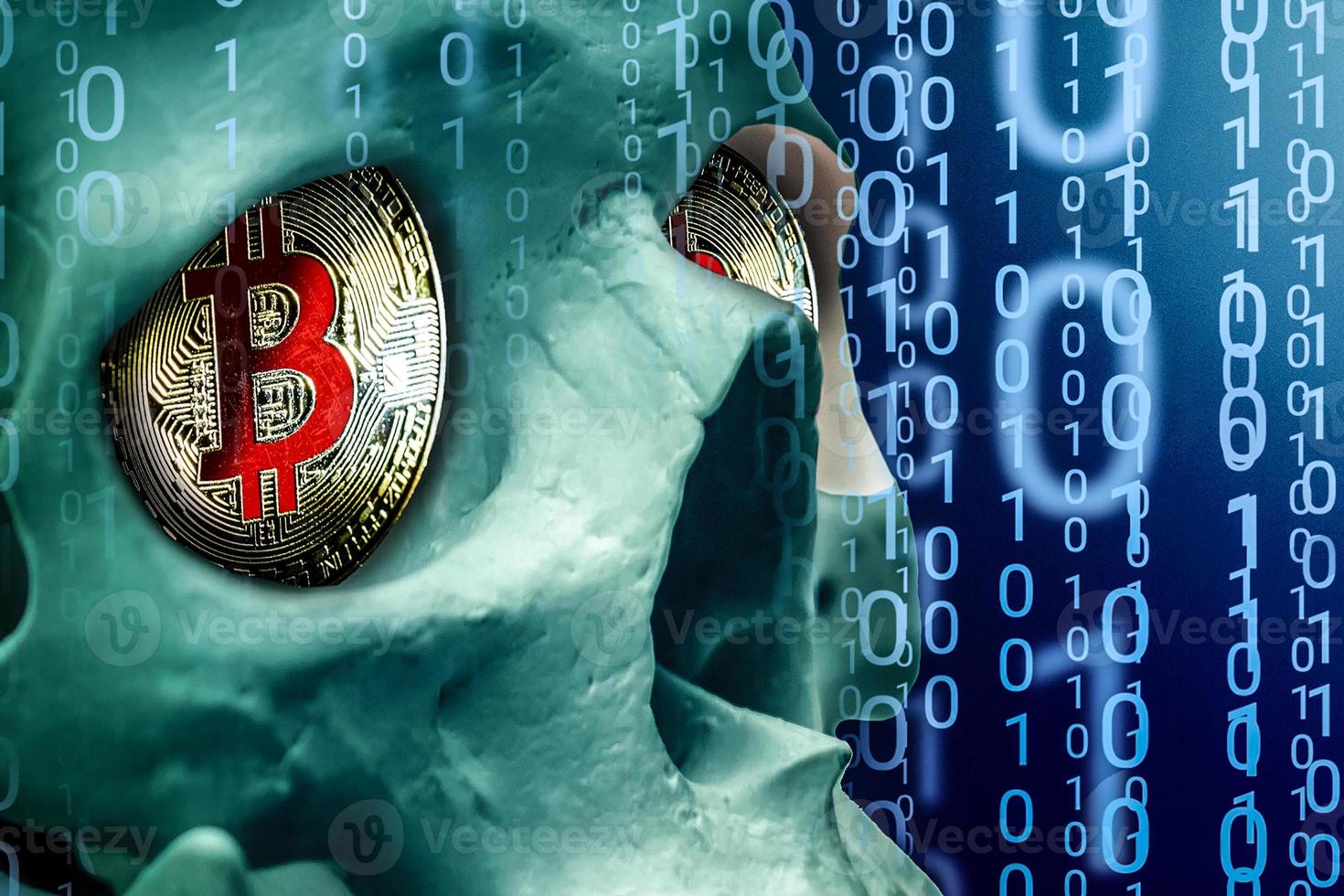 Bitcoin symbol on blue matrix background skull photo