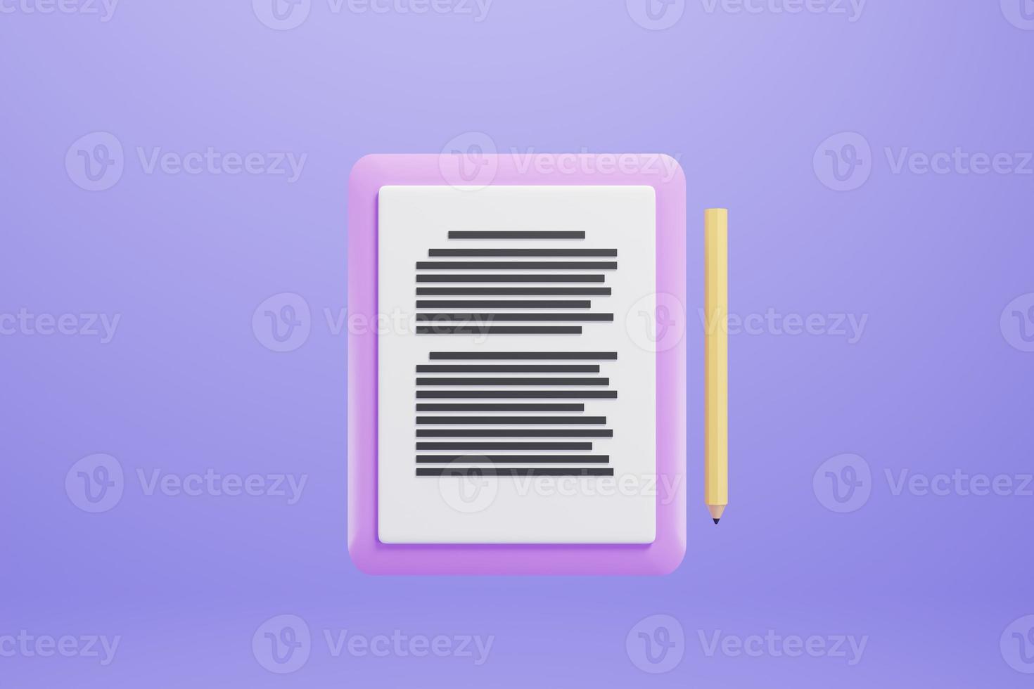 3d rendering paper note icon with yellow pencil on purple background photo