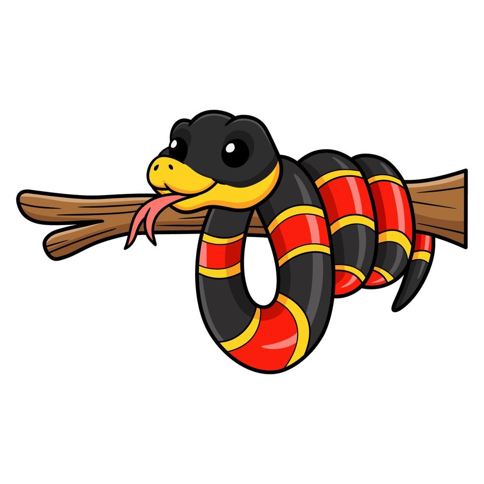 lindo, feliz, coral, serpiente, caricatura, en, rama de árbol vector