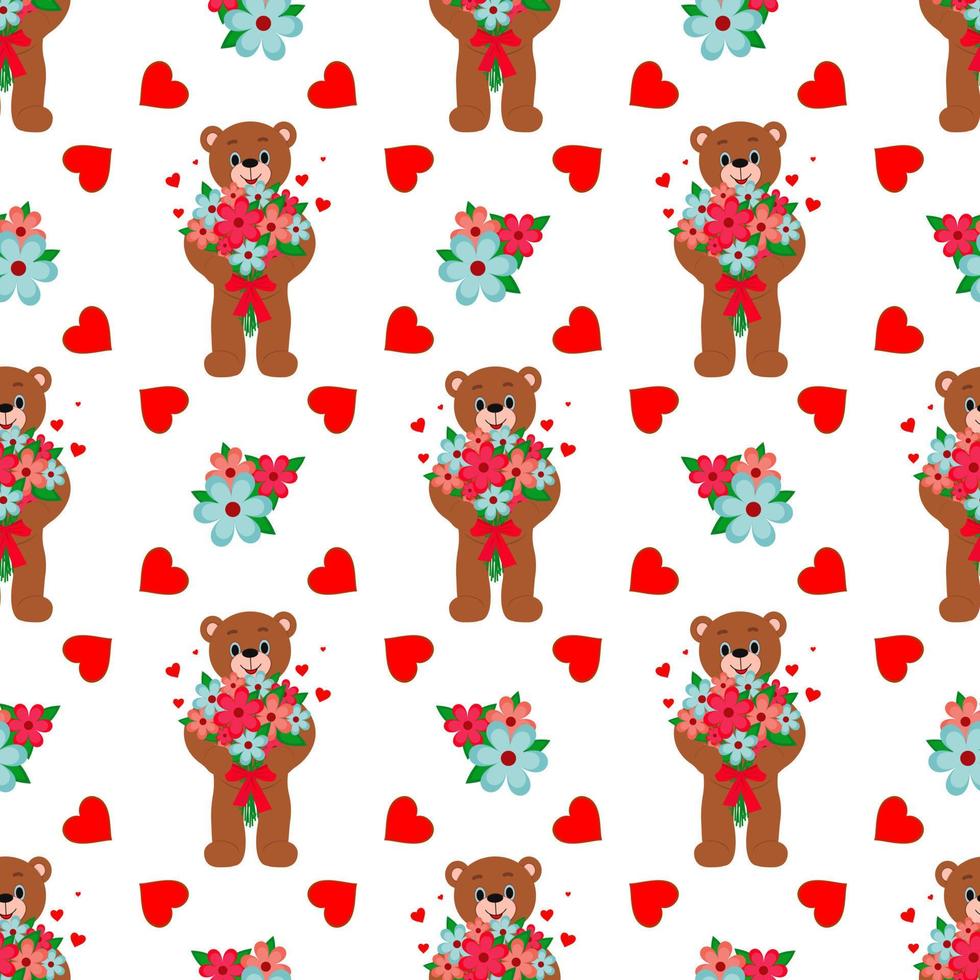 Vector seamless pattern. Teddy bear with a bouquet of flowers