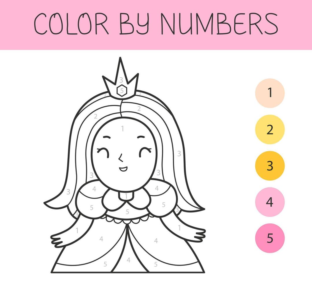 Color by numbers coloring book for kids with a princess. Coloring page with cute cartoon princess. Monochrome black and white. Vector illustration.