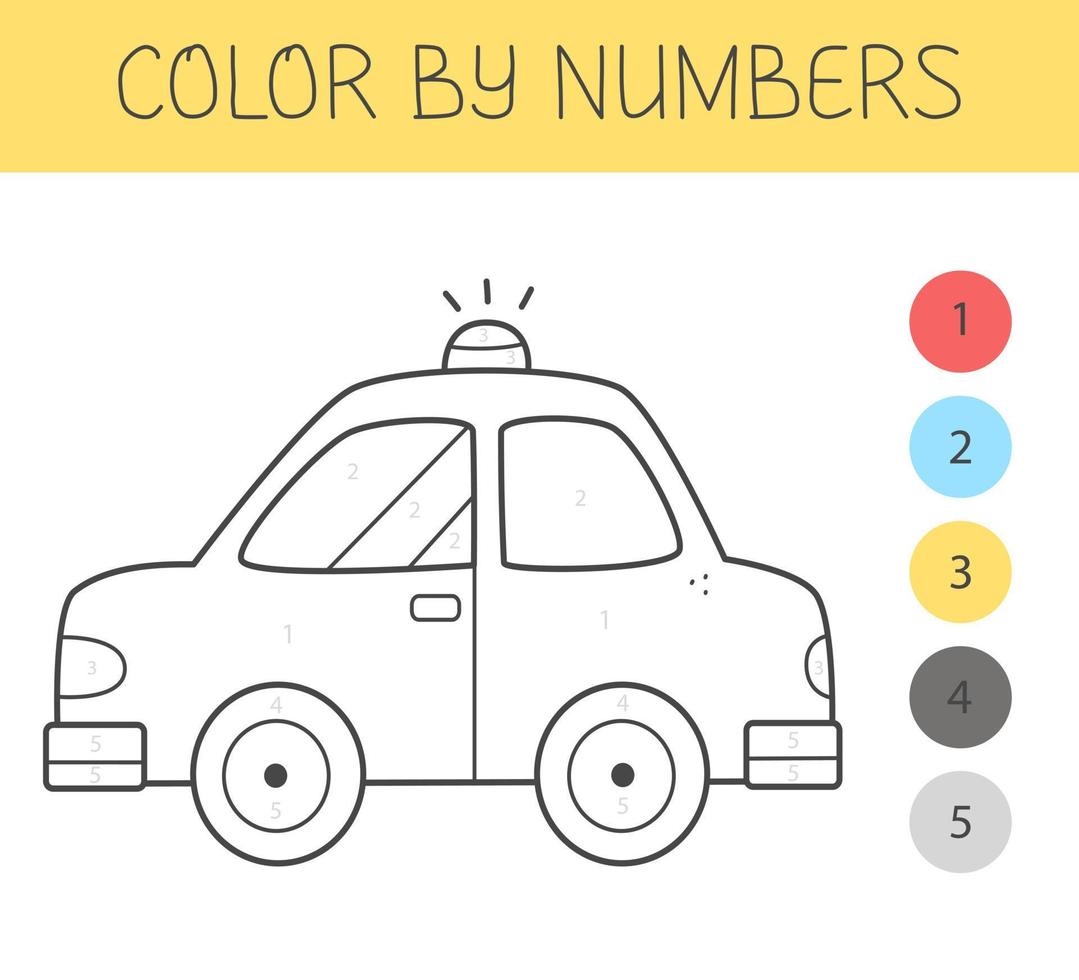 Color by numbers coloring book for kids with a car. Coloring page with cute cartoon car. Monochrome black and white. Vector illustration.