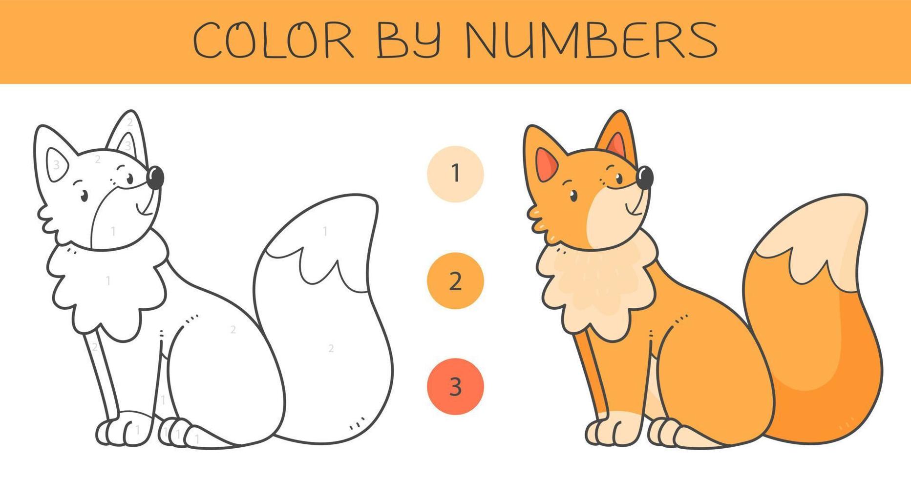 Color by numbers coloring book for kids with a fox. Coloring page with cute cartoon fox with an example for coloring. Monochrome and color versions. Vector illustration.