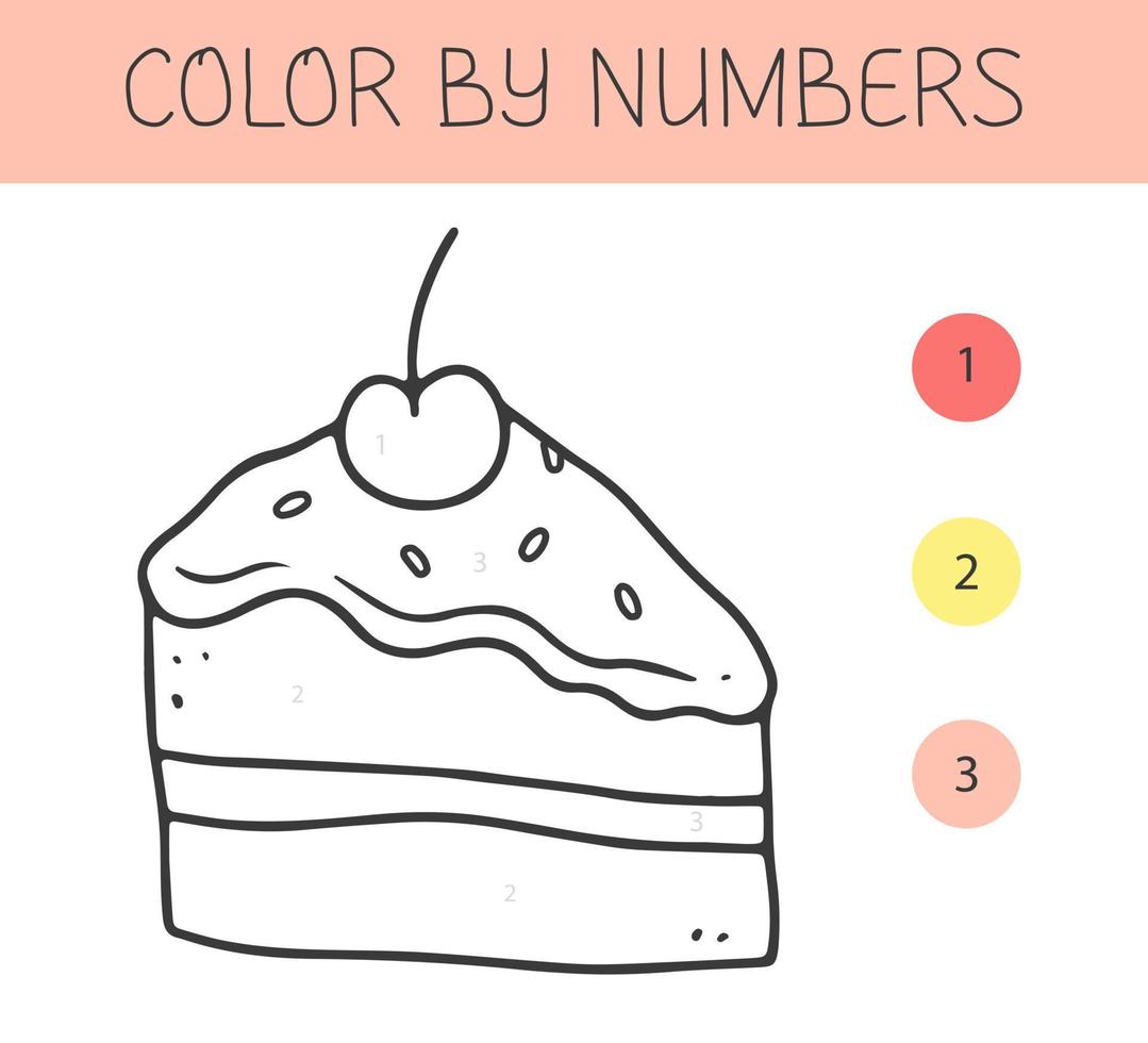 Color by numbers coloring book for kids with a cake. Coloring page with cute cartoon cake. Monochrome black and white. Vector illustration.