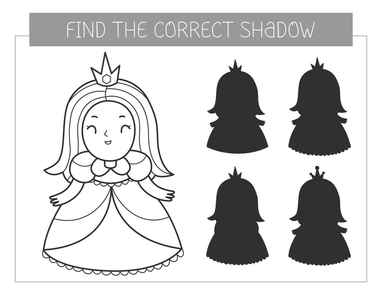 Find the correct shadow coloring book with a princess. Coloring page educational game for kids. Cute cartoon princess. Shadow matching game. Vector illustration.