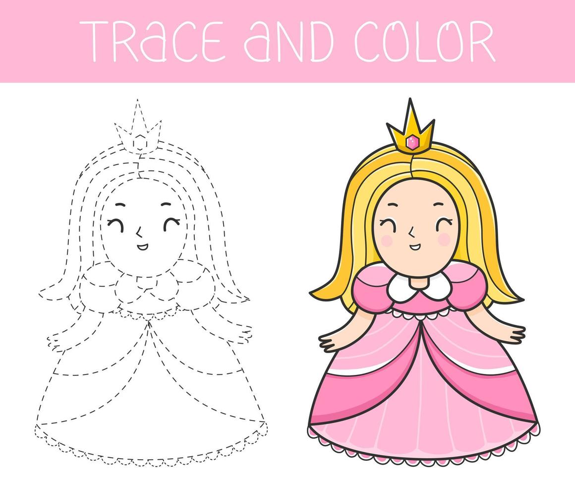 Trace and colour coloring book with princess for kids. Coloring page with cartoon princess. Vector illustration.