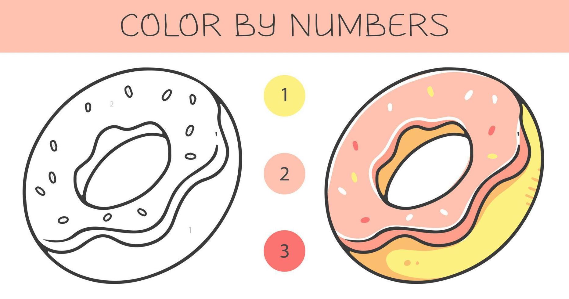 Color by numbers coloring book for kids with a donut. Coloring page with cute cartoon donut with an example for coloring. Monochrome and color versions. Vector illustration.