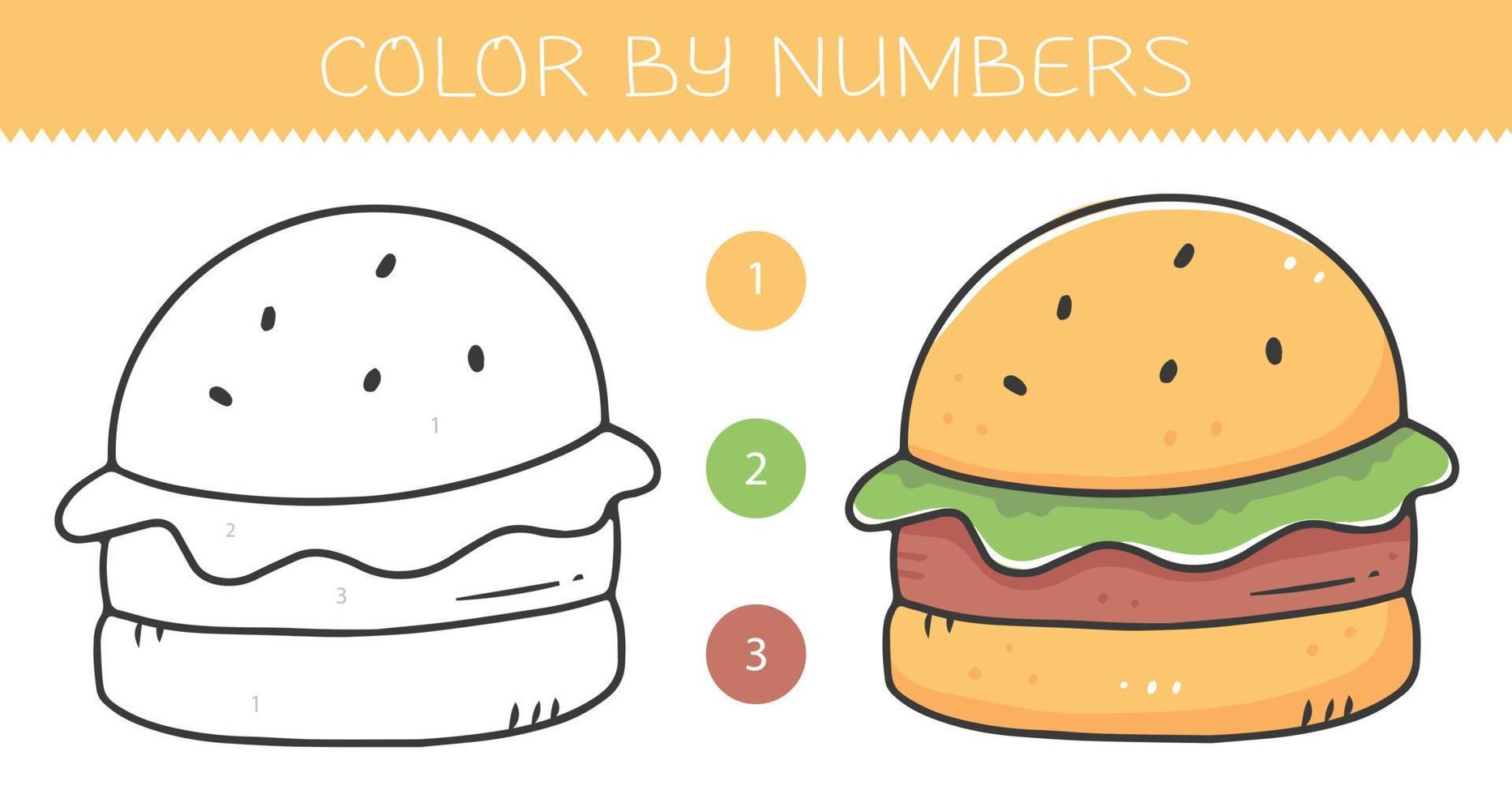 Color by numbers coloring book for kids with a burger. Coloring page with cute cartoon hamburger with an example for coloring. Monochrome and color versions. Vector illustration.