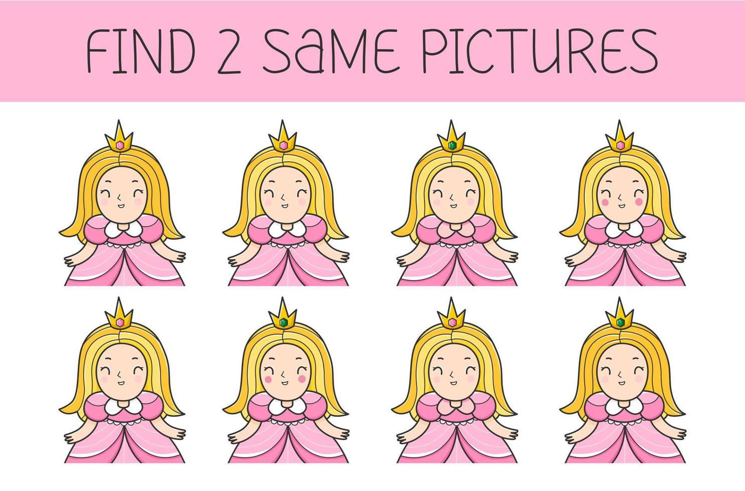Find two some pictures is an educational game for kids with princess. Cute cartoon princess. Vector illustration.