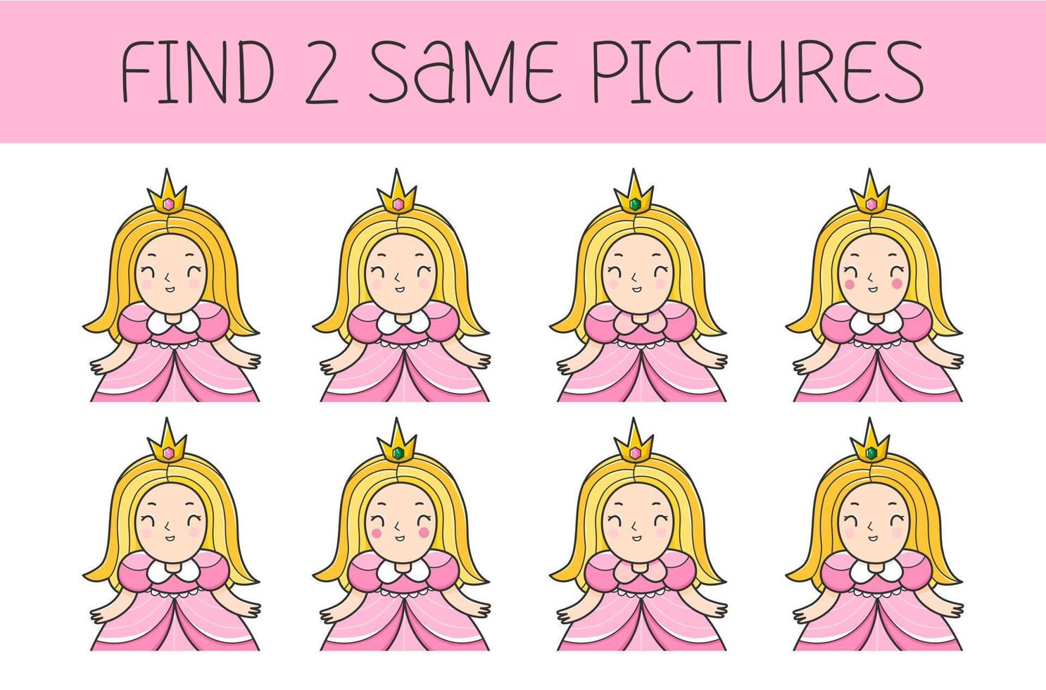 Find two some pictures is an educational game for kids with princess. Cute cartoon princess. Vector illustration.