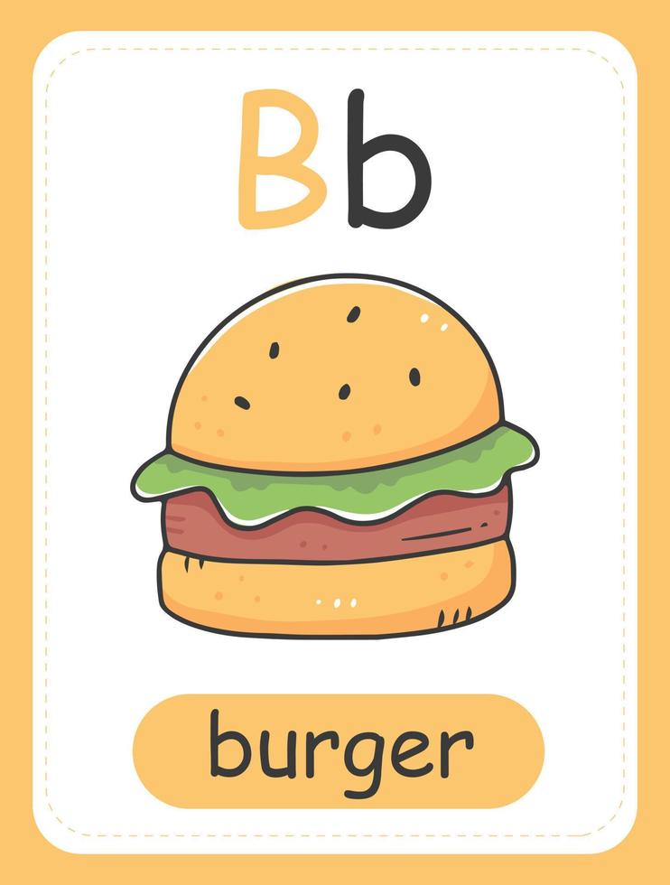 tarjeta del alfabeto para niños con la letra b y una hamburguesa. tarjeta educativa para niños. la palabra hamburguesa, el alfabeto inglés. ilustración vectorial vector