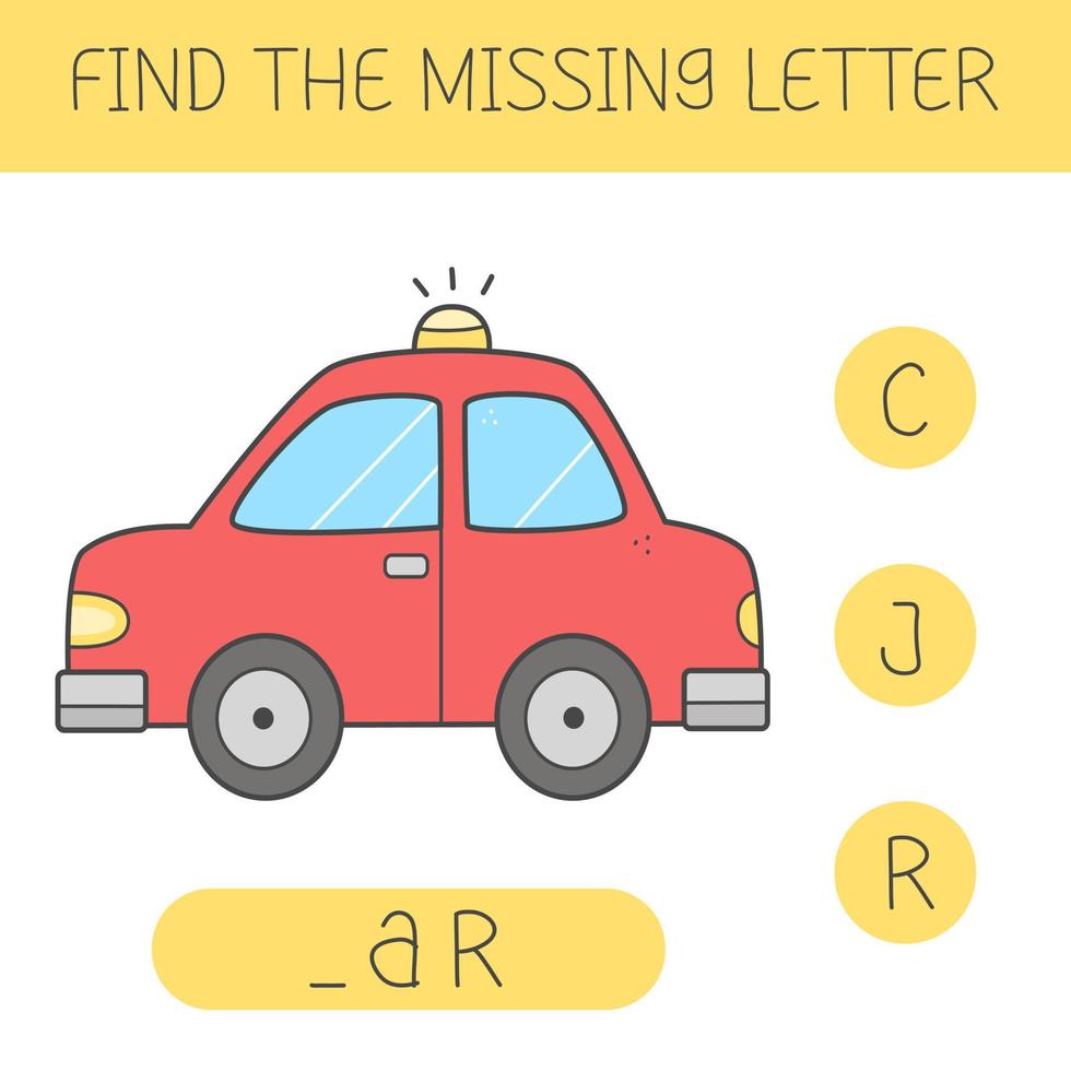 Find the missing letter is an educational game for kids with a car. Cute cartoon car. Practicing English alphabet. Vector illustration.