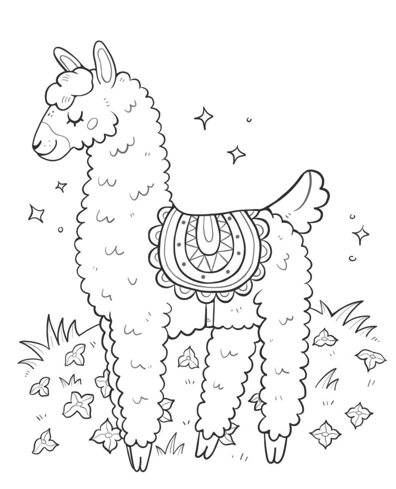 Antistress coloring book with cute llama. Vector outline illustration of a cute coloring page with llamas.