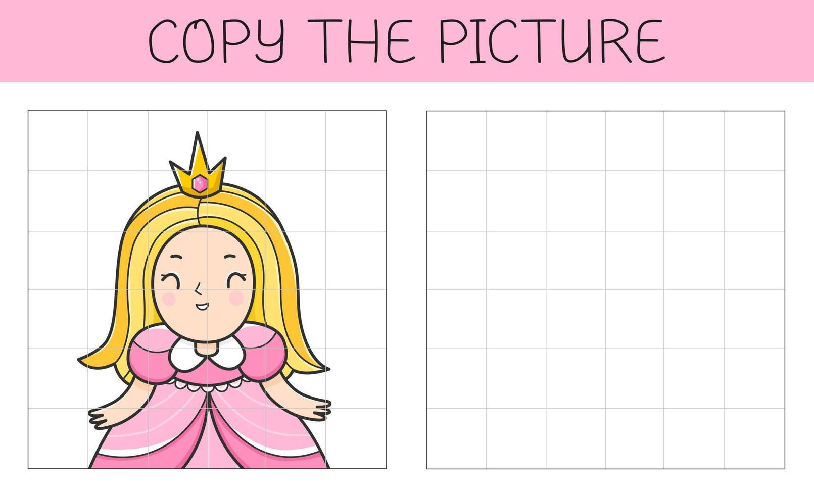 Copy the picture is an educational game for kids with a princess. Cute cartoon character princess. Vector illustration.