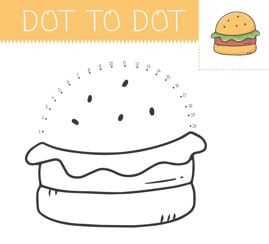 Dot to dot game coloring book with burger for kids. Coloring page with a cute cartoon hamburger. Vector illustration.