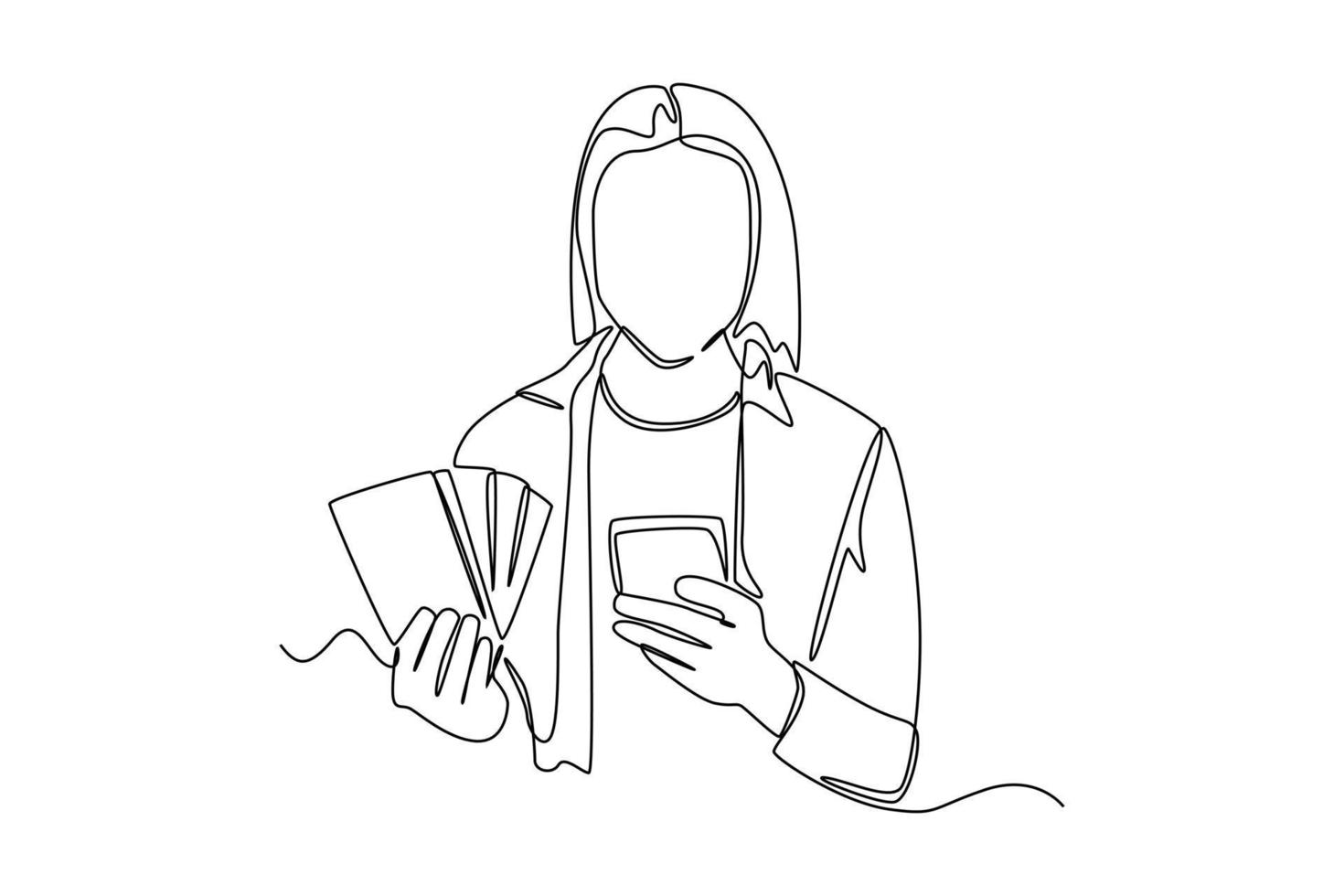 Continuous one line drawing happy woman holding money and counting her money with calculator. Budget planner concept. Single line draw design vector graphic illustration.