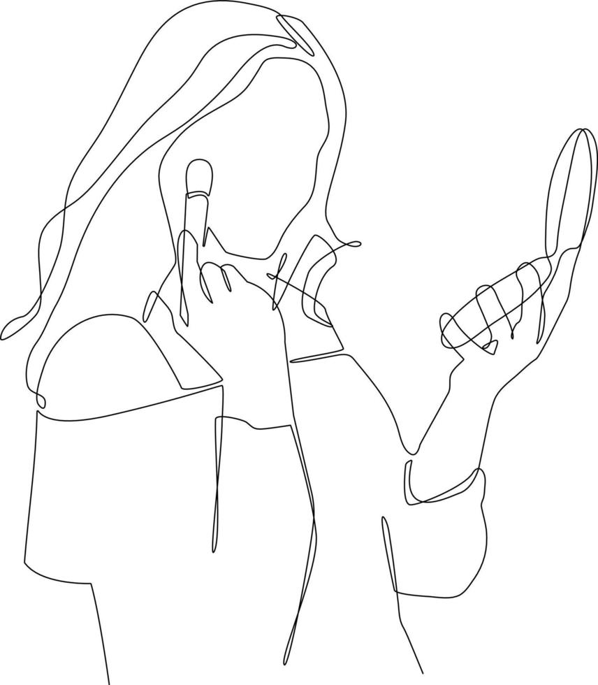 Single one line drawing beautiful young girl apply blush with cosmetic brush in her face. Cosmetology activity concept. Continuous line draw design graphic vector illustration.