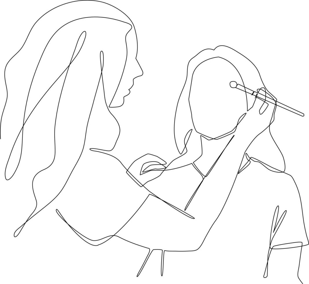 Single one line drawing Young beautiful woman applied makeup by make up artist in make up room. Cosmetology activity concept. Continuous line draw design graphic vector illustration.