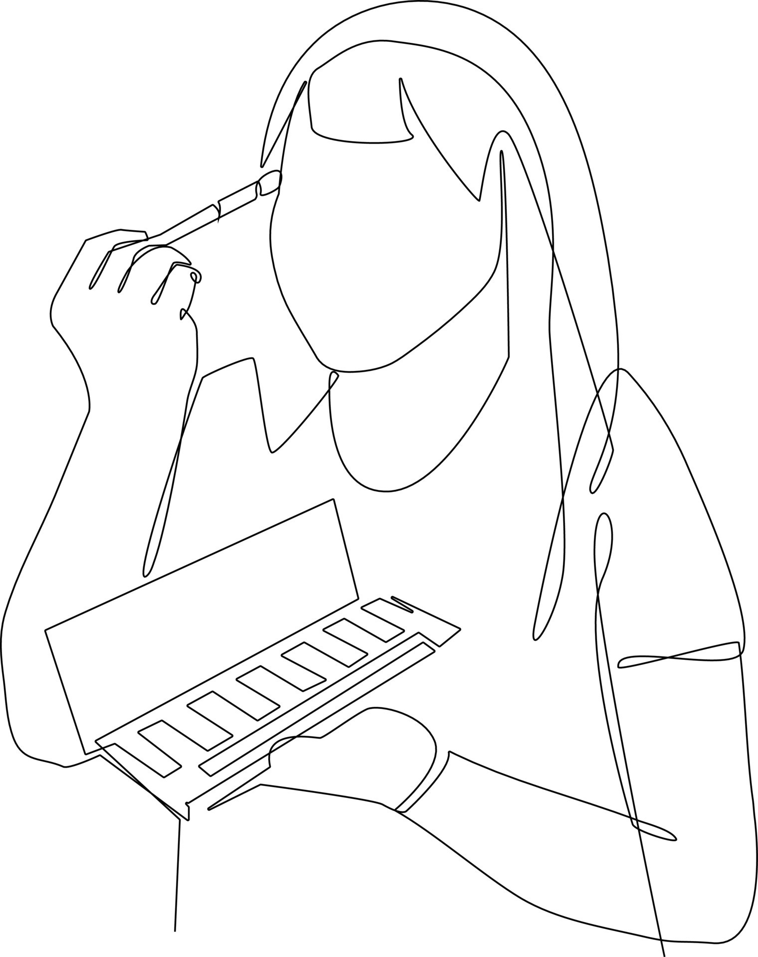 Single one line drawing beautiful young girl apply blush with cosmetic