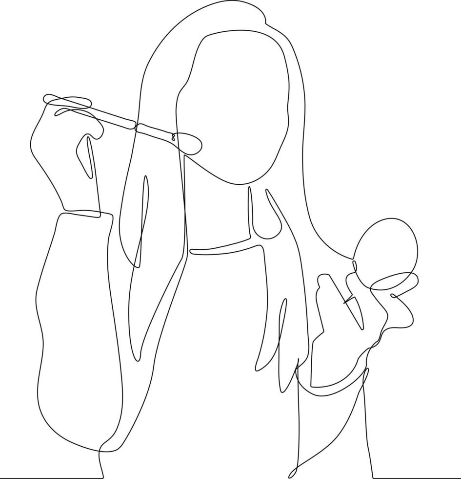Single one line drawing beautiful young girl apply blush with cosmetic brush in her face. Cosmetology activity concept. Continuous line draw design graphic vector illustration.