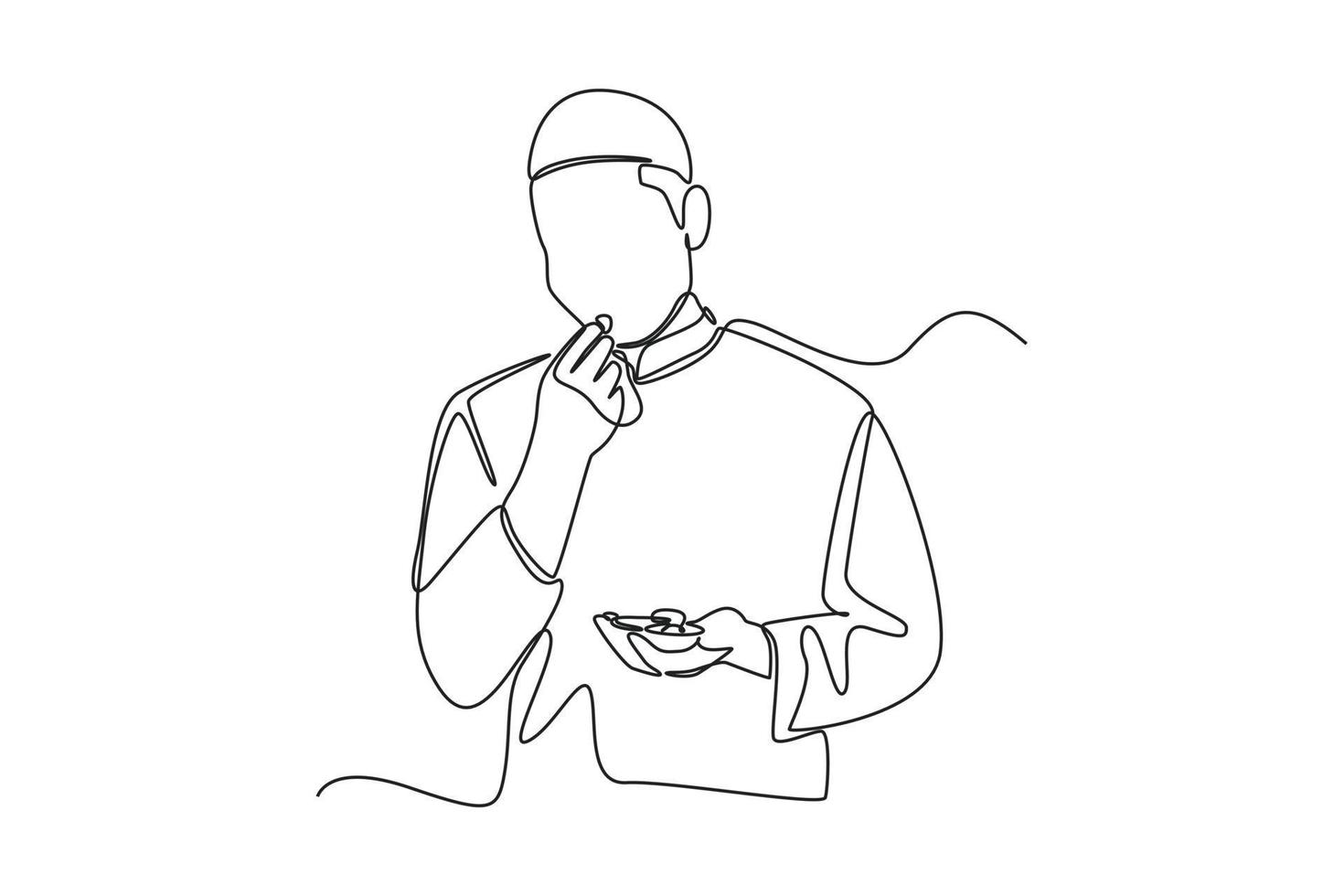 Continuous one line drawing happy muslim man breaking fast with dates in the month of Ramadan. Ramadan activity concept. Single line draw design vector graphic illustration.