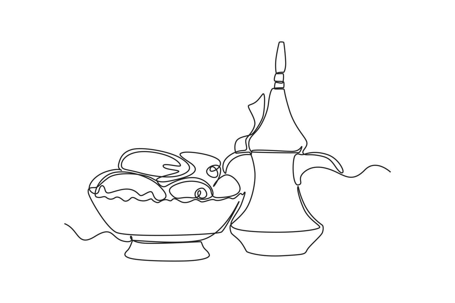 Continuous one line drawing tea pot and kurma. Ramadan activity concept. Single line draw design vector graphic illustration.