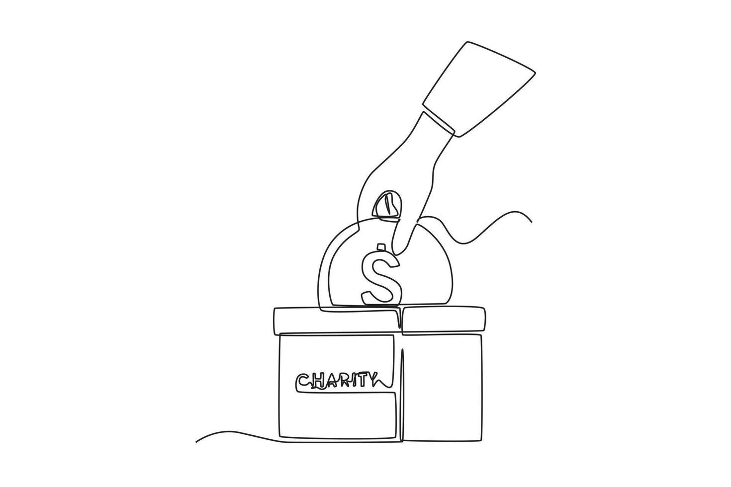 Continuous one line drawing hand puts coin into box charity in the month of Ramadan. Ramadan activity concept. Single line draw design vector graphic illustration.