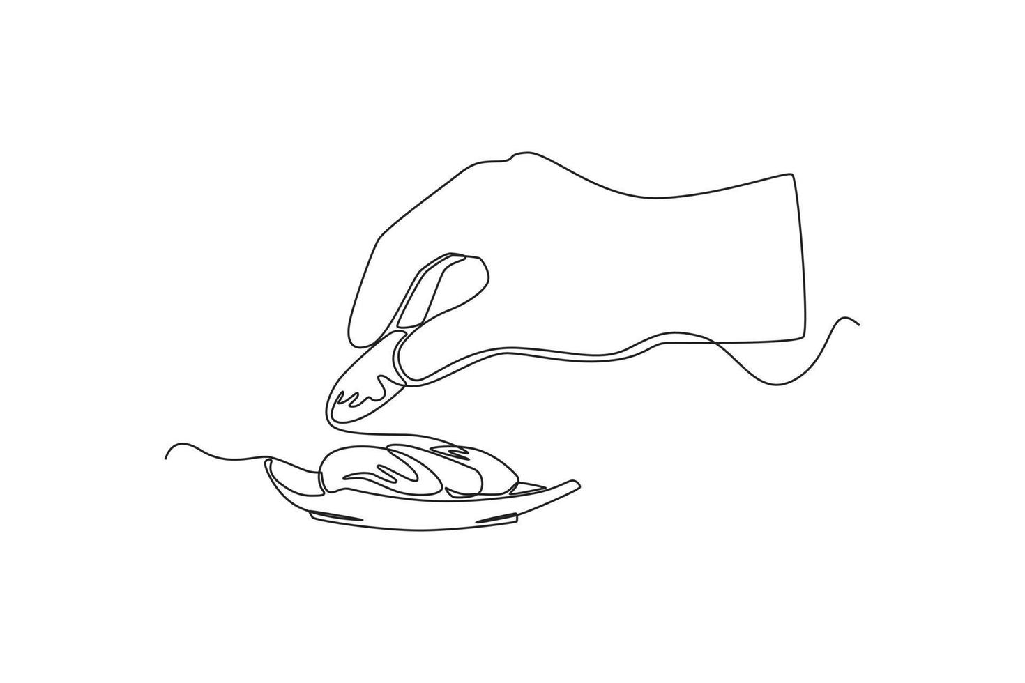 Continuous one line drawing hand holding dried dates fruits. Ramadan activity concept. Single line draw design vector graphic illustration.