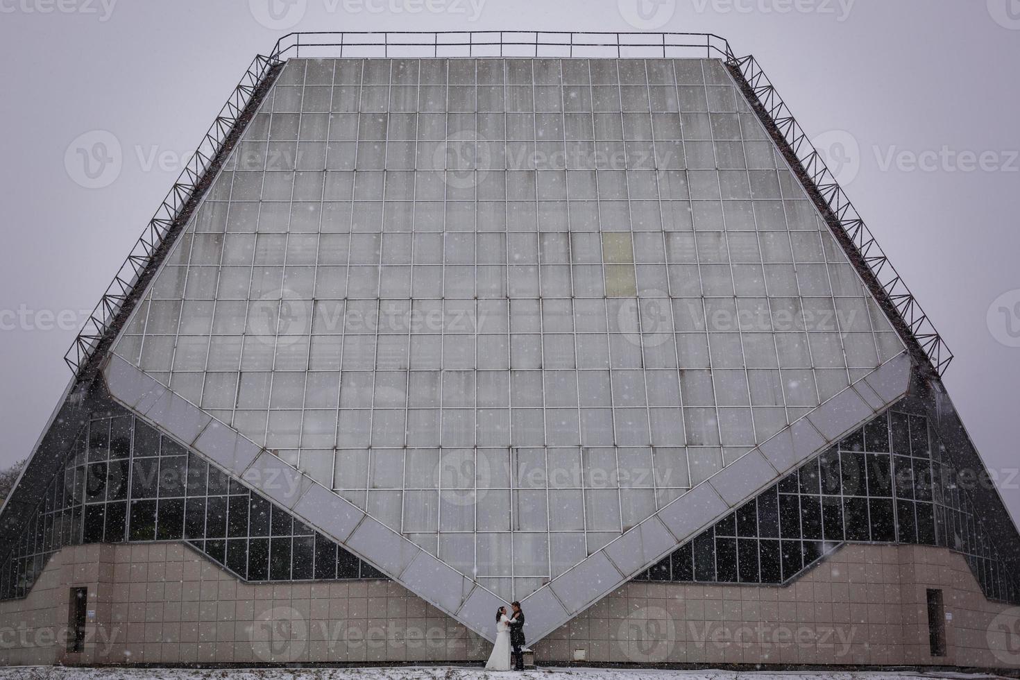 Hugging wedding couple stands hidden under the veil before glass house photo