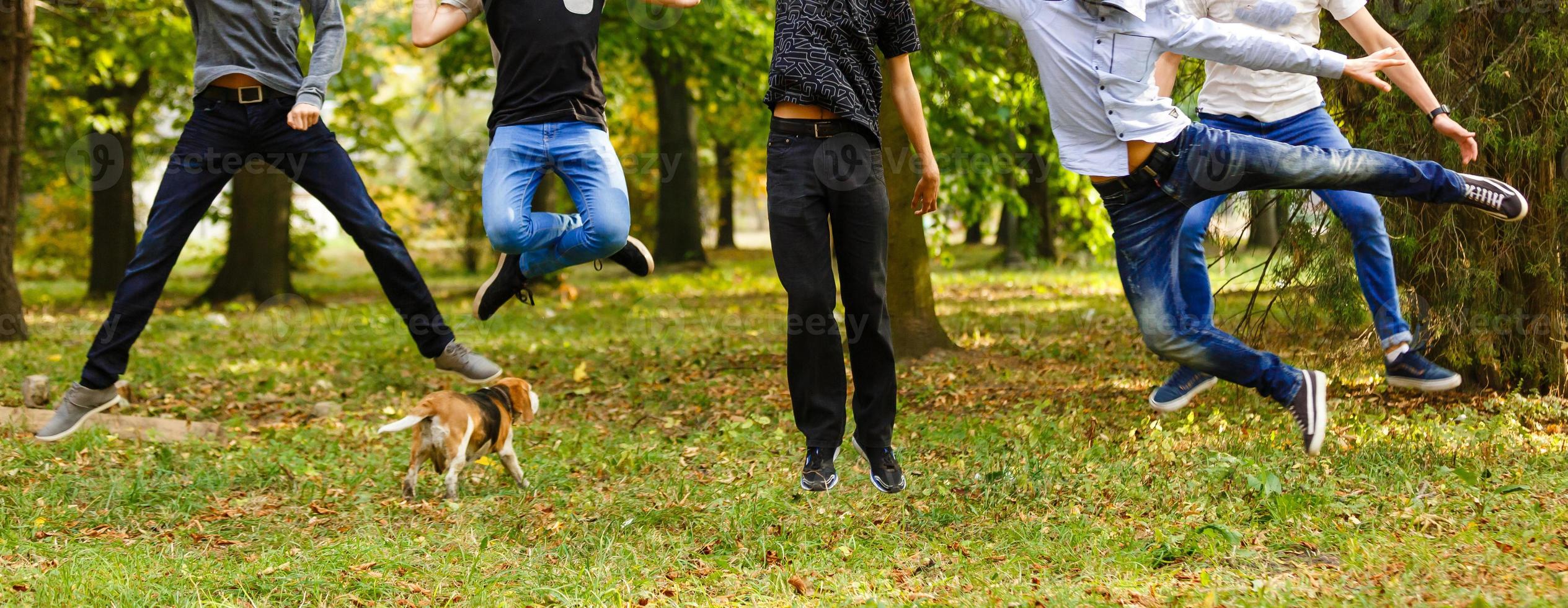 Many jumping families on the grass collage photo