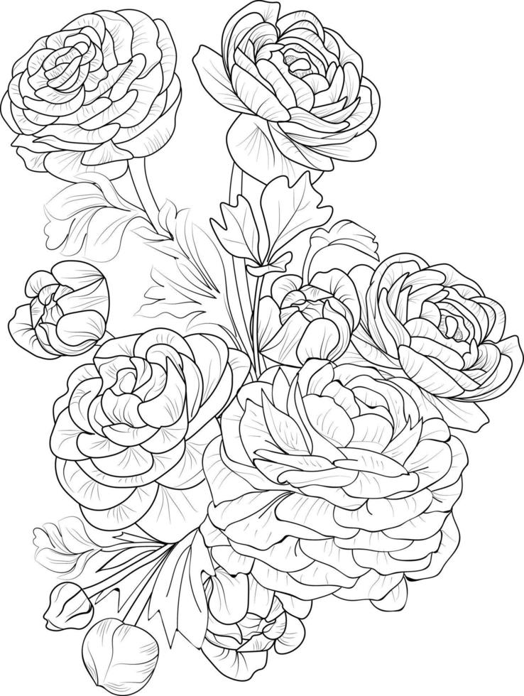 ramo de clavel, de diseño floral para tarjeta o impresión. ilustración de flores pintadas a mano aislada en fondos blancos, páginas para colorear florales de tinta grabada y libros para imprimir. vector