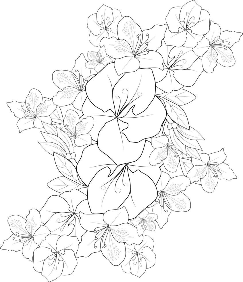Monochrome hand drawn doodle flowers, Azalea rani sketch for greeting cards, posters. vector illustration.