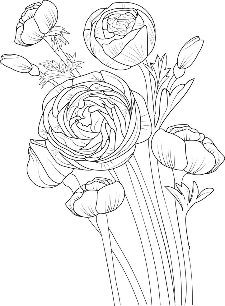 arte vectorial de clavel, patrón floral monocromático. dibujo de lápiz dibujado a mano con ilustración vectorial de tinta, rama de la simplicidad de la colección botánica, artístico, libro de colorear para niños y adultos. vector