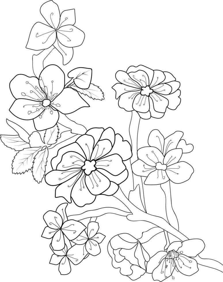 dibujo a mano de flor de cerezo, ilustración vectorial y elementos florales de libros para colorear para adultos. vector