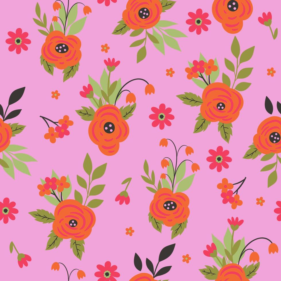 Seamless pattern with flowers on a pink background. Vector graphics.