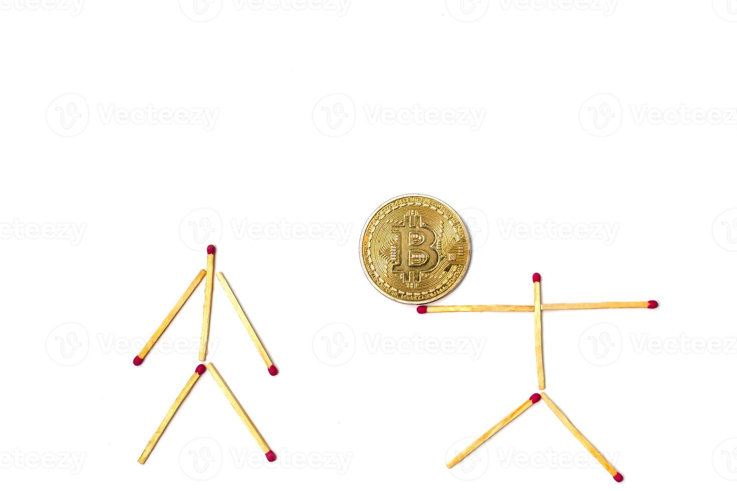 Golden bitcoin on isolate white background concept mining  little man photo