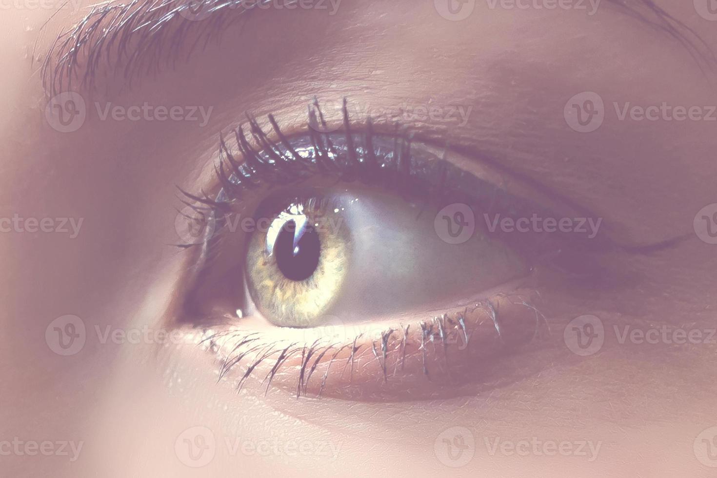 vista de cerca del hermoso ojo femenino ceja perfecta de moda lentes de contacto de buena visión foto