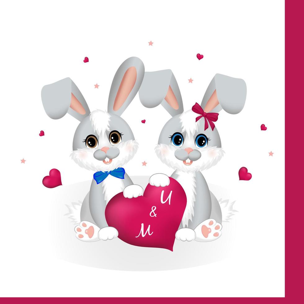 Happy Valentines Day. Greeting postcard with pink hearts and 2 little rabbit or hare. vector