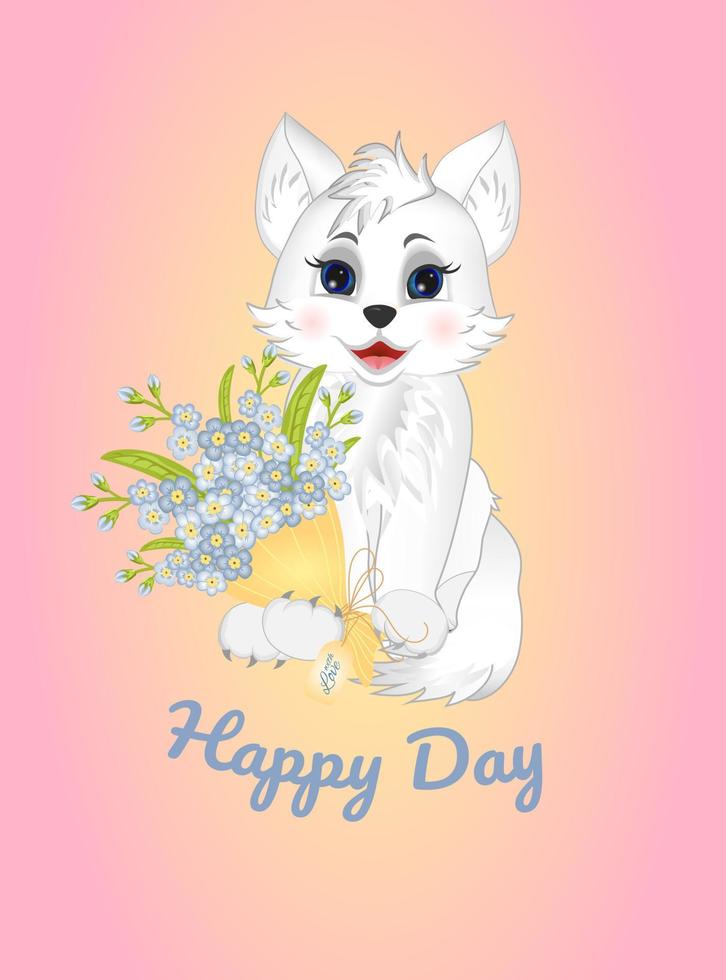 Happy Day. Greeting postcard. Little cute  white cat sitting with bouquet of forget me not flowers. vector