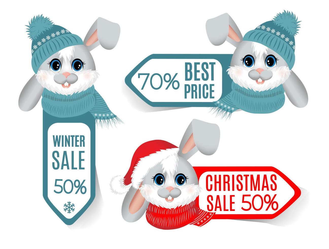 Set winter label, tags sale with hare or rabbit head. vector