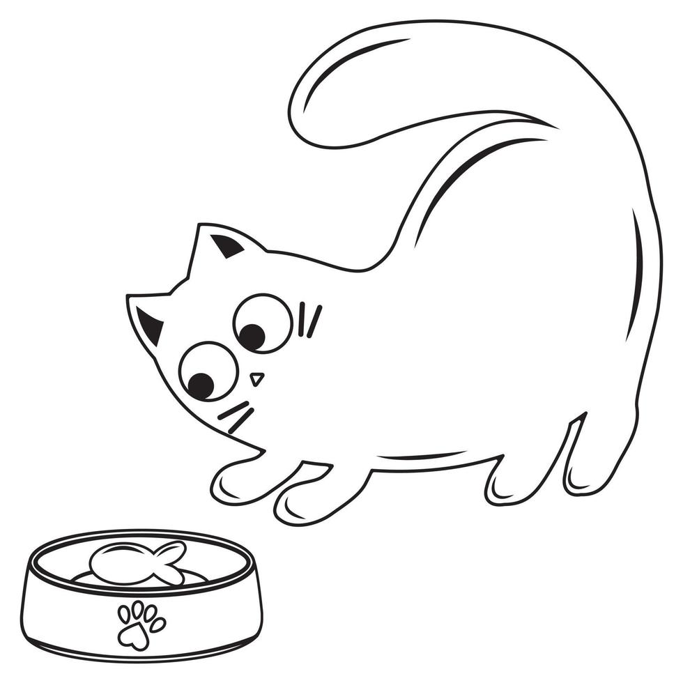 Cute cat with a bowl of food, black outline, vector illustration in doodle style
