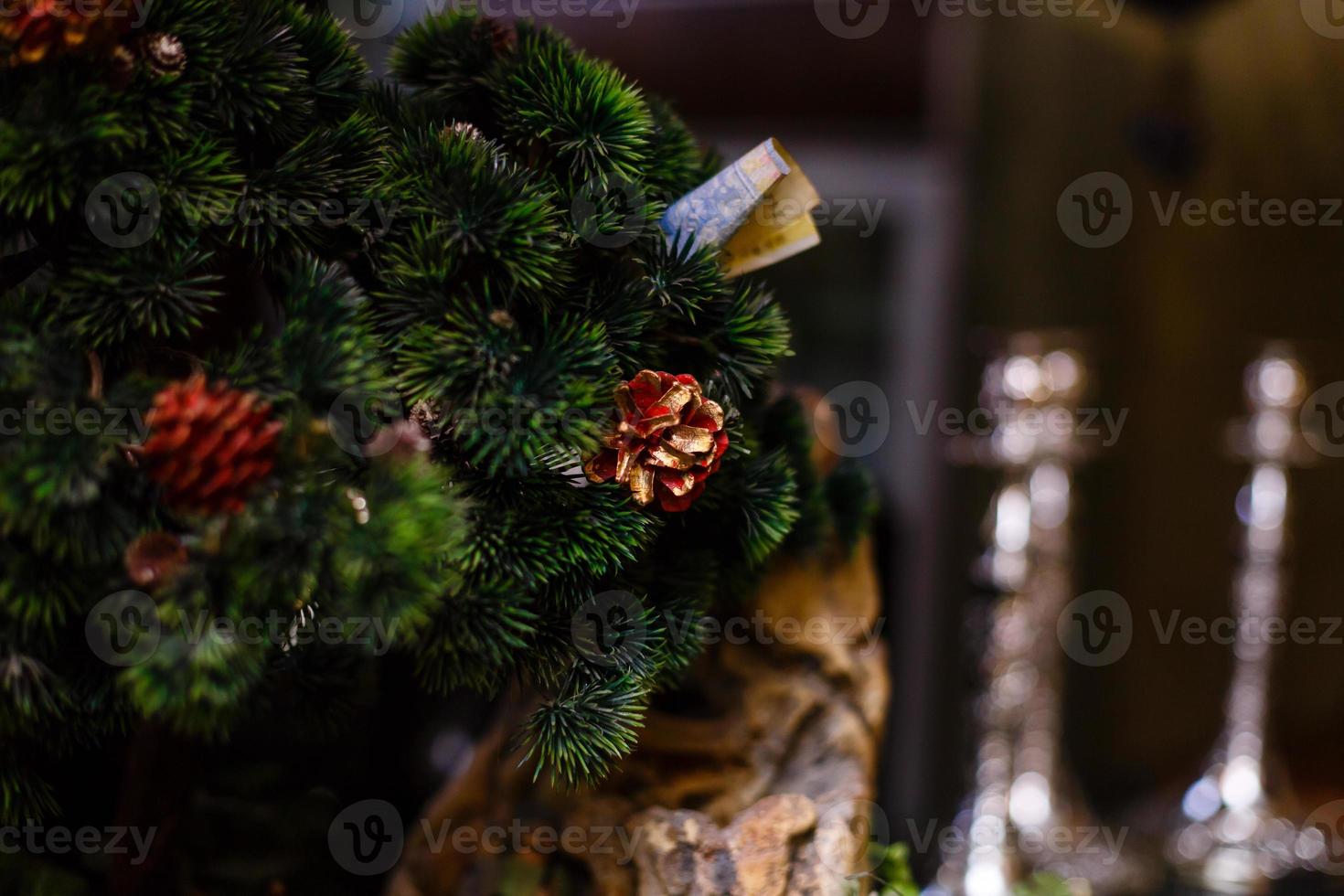 The branches of christmas tree and little cone christmas and new year s background macro shot photo