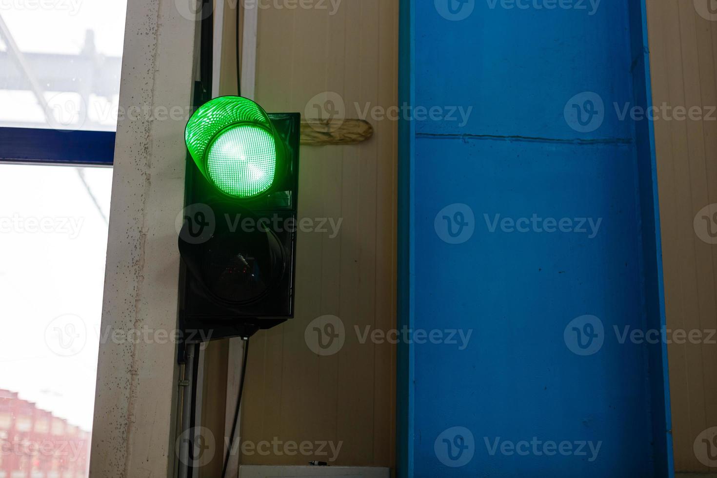 Railway semaphore shines permissive green light technical railway station operational locomotive photo
